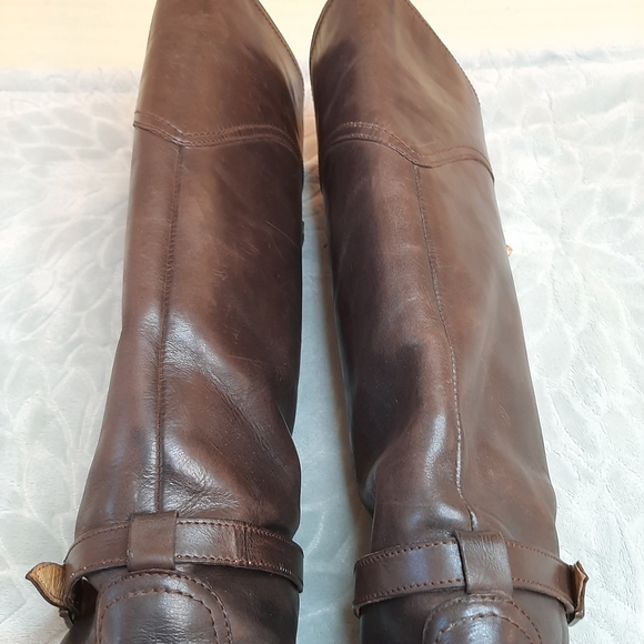Worn in Frye Dorado Brown Leather Tall Riding Boots with Buckle Details - Picture 11 of 16